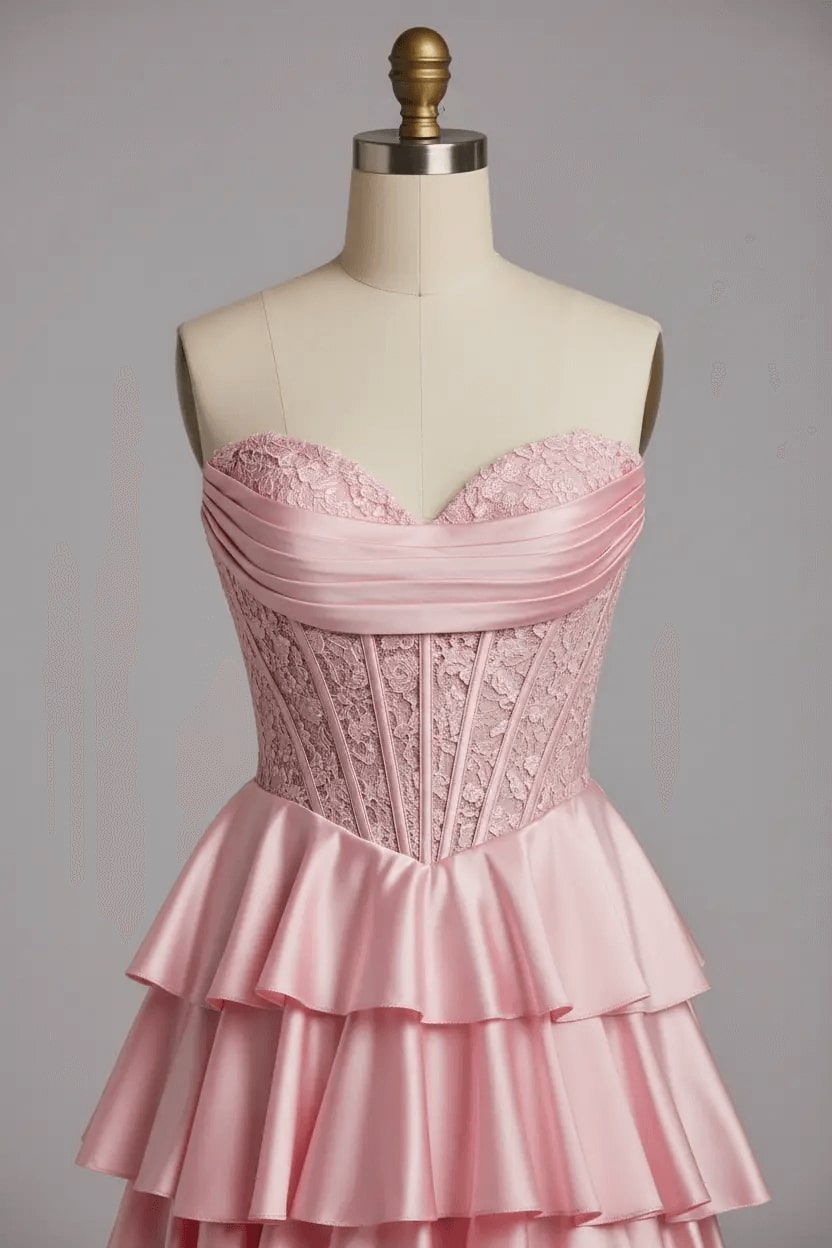 Pink Sweetheart Neck Prom Dress Satin Lace A Line Tiered Formal Evening Dress