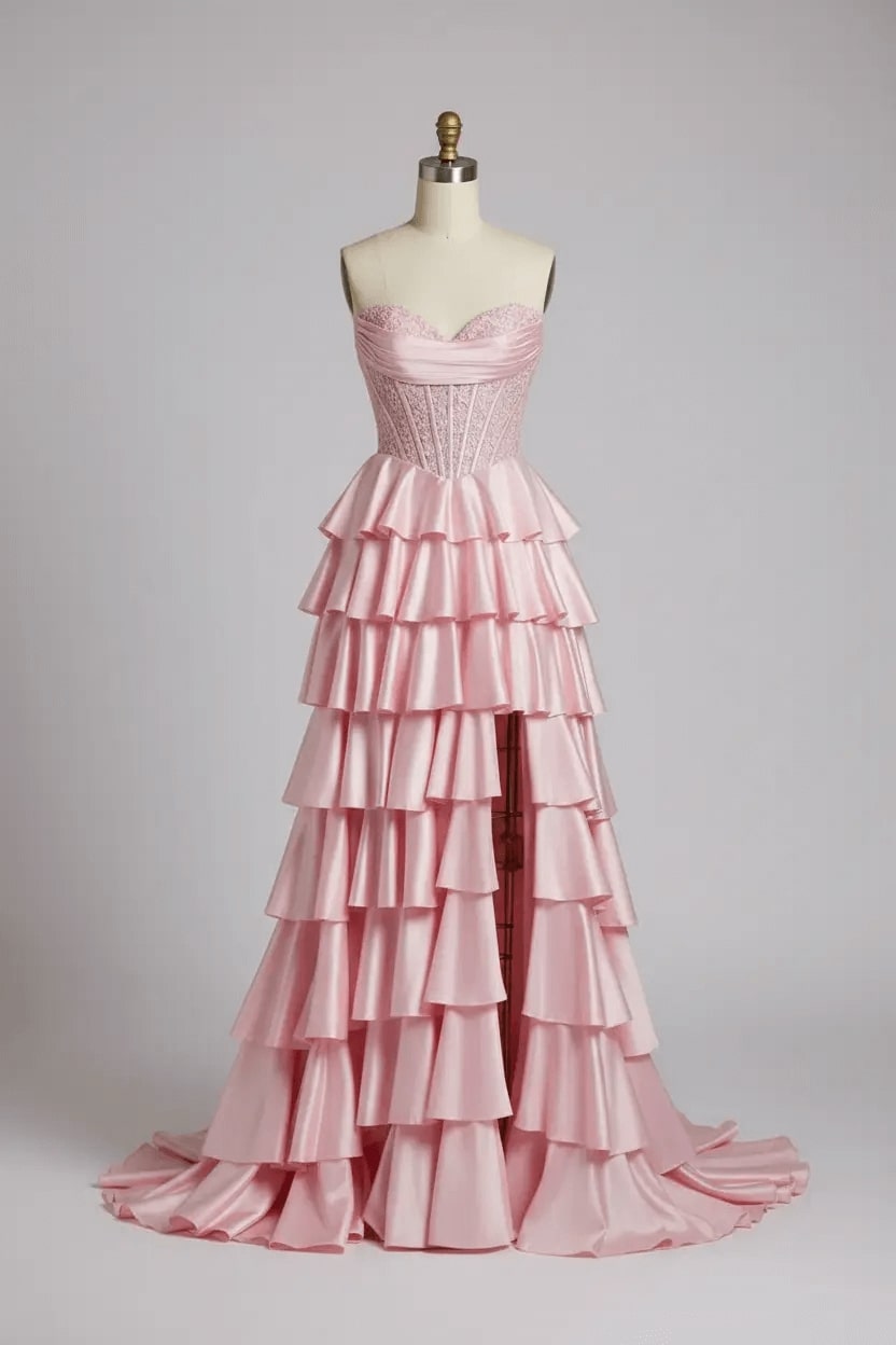 Pink Sweetheart Neck Prom Dress Satin Lace A Line Tiered Formal Evening Dress