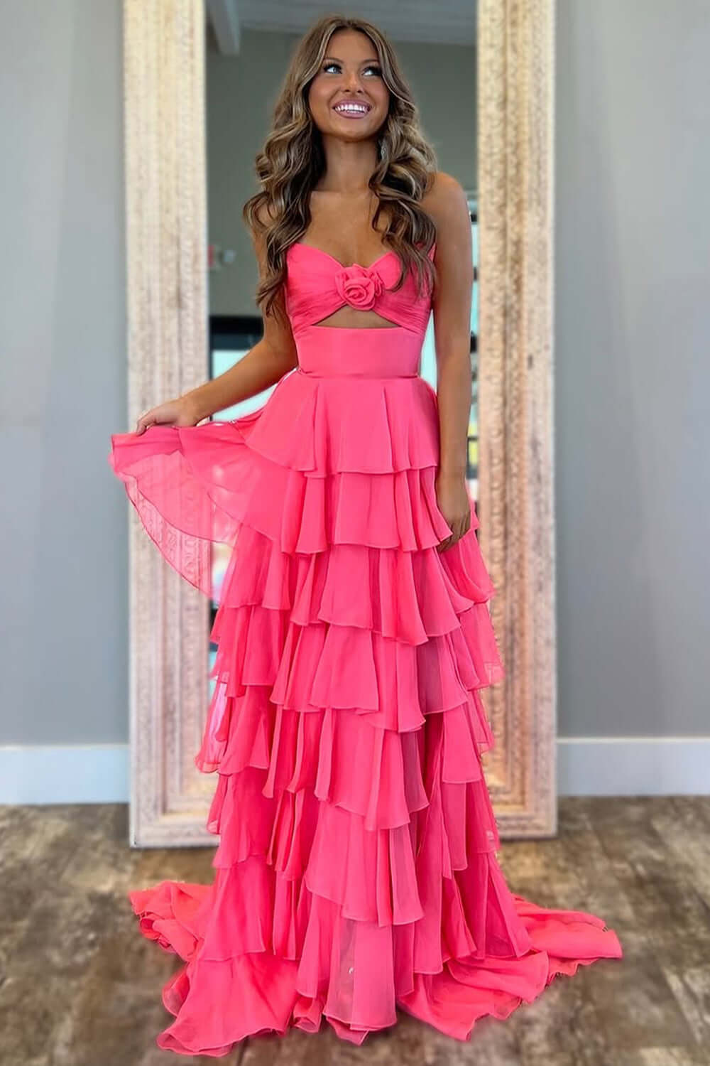 Dreamyannie Princess Blush Prom Dress Sweetheart Ruffled Long Formal Dress With Slit