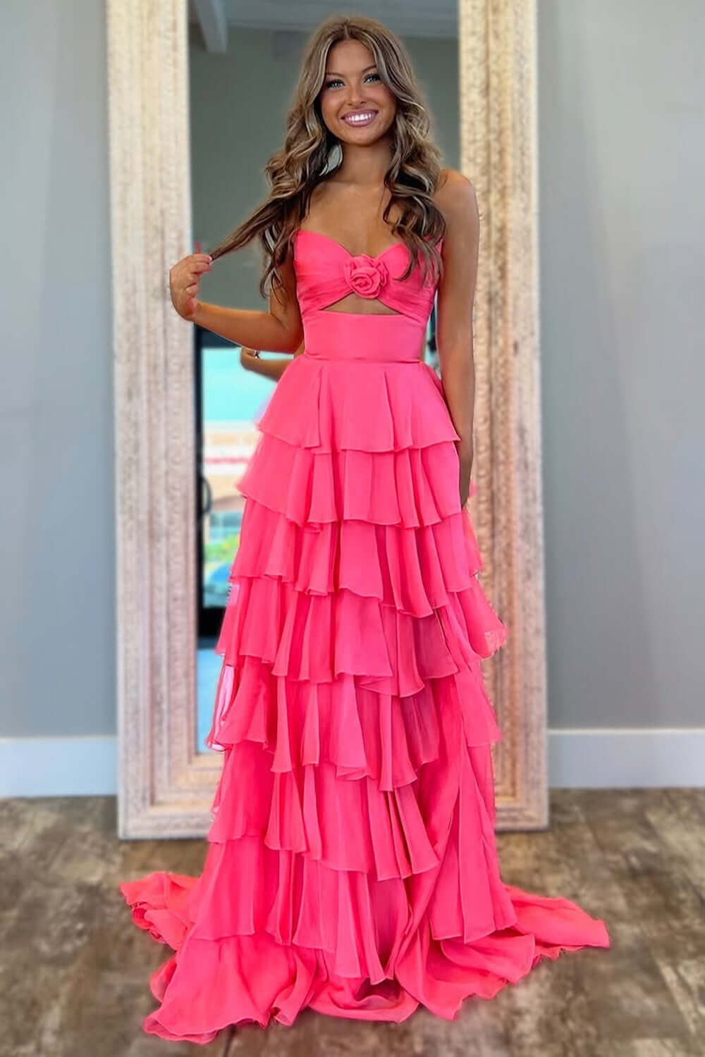 Dreamyannie Princess Blush Prom Dress Sweetheart Ruffled Long Formal Dress With Slit