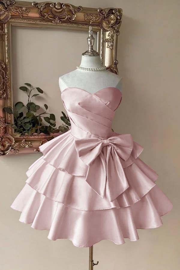 Pink Tiered Graduation Dress Sleeveless Sweetheart Satin Cocktail Dress