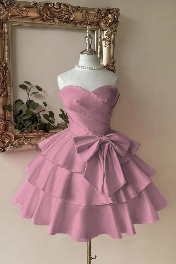 Pink Tiered Graduation Dress Sleeveless Sweetheart Satin Cocktail Dress