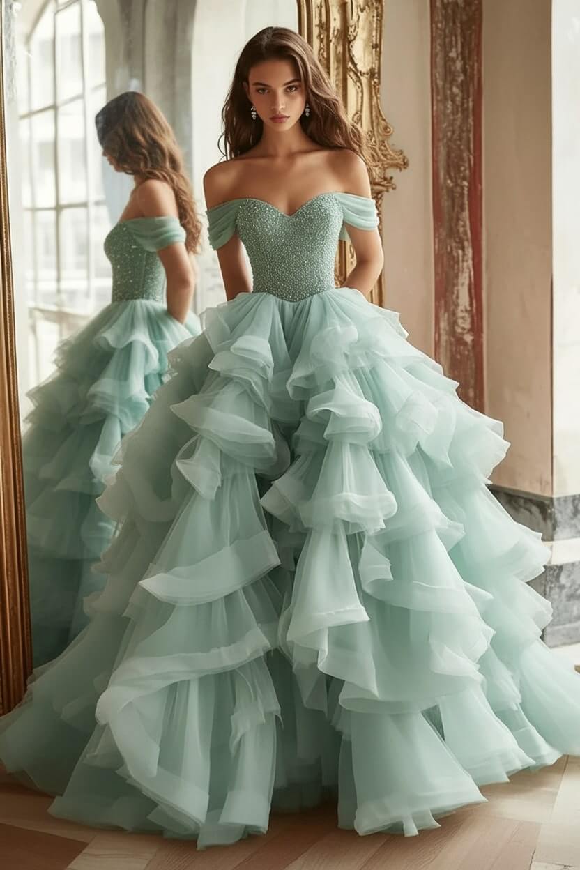 Pink Tiered Prom Dress Off the Shoulder A Line Formal Dress