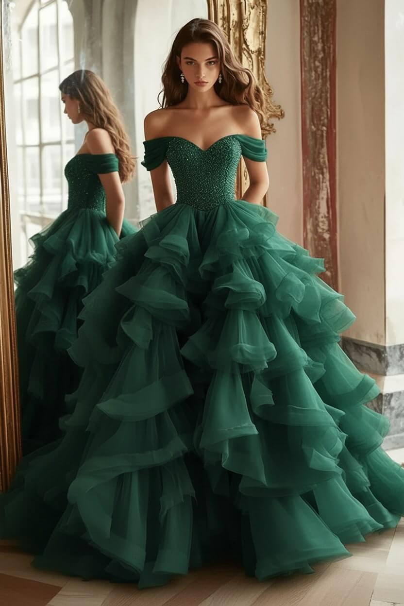 Pink Tiered Prom Dress Off the Shoulder A Line Formal Dress