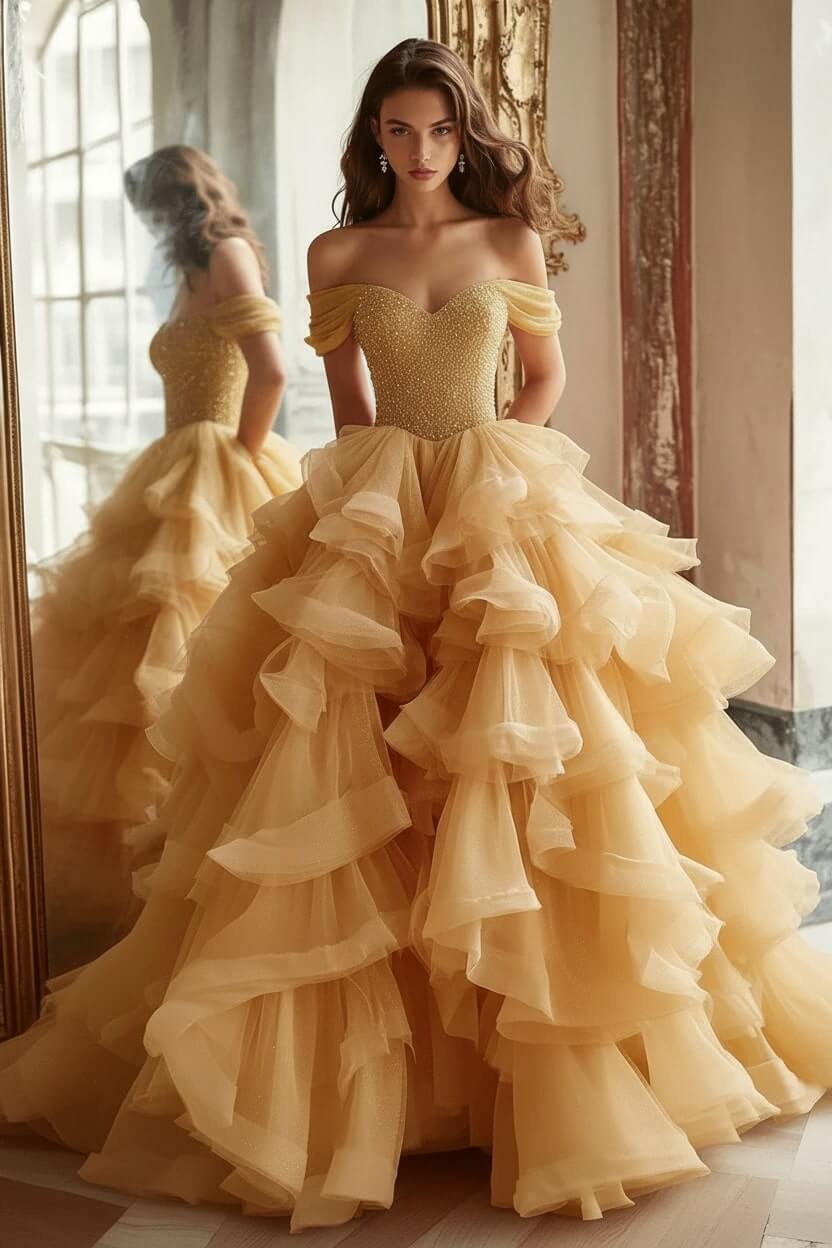 Pink Tiered Prom Dress Off the Shoulder A Line Formal Dress