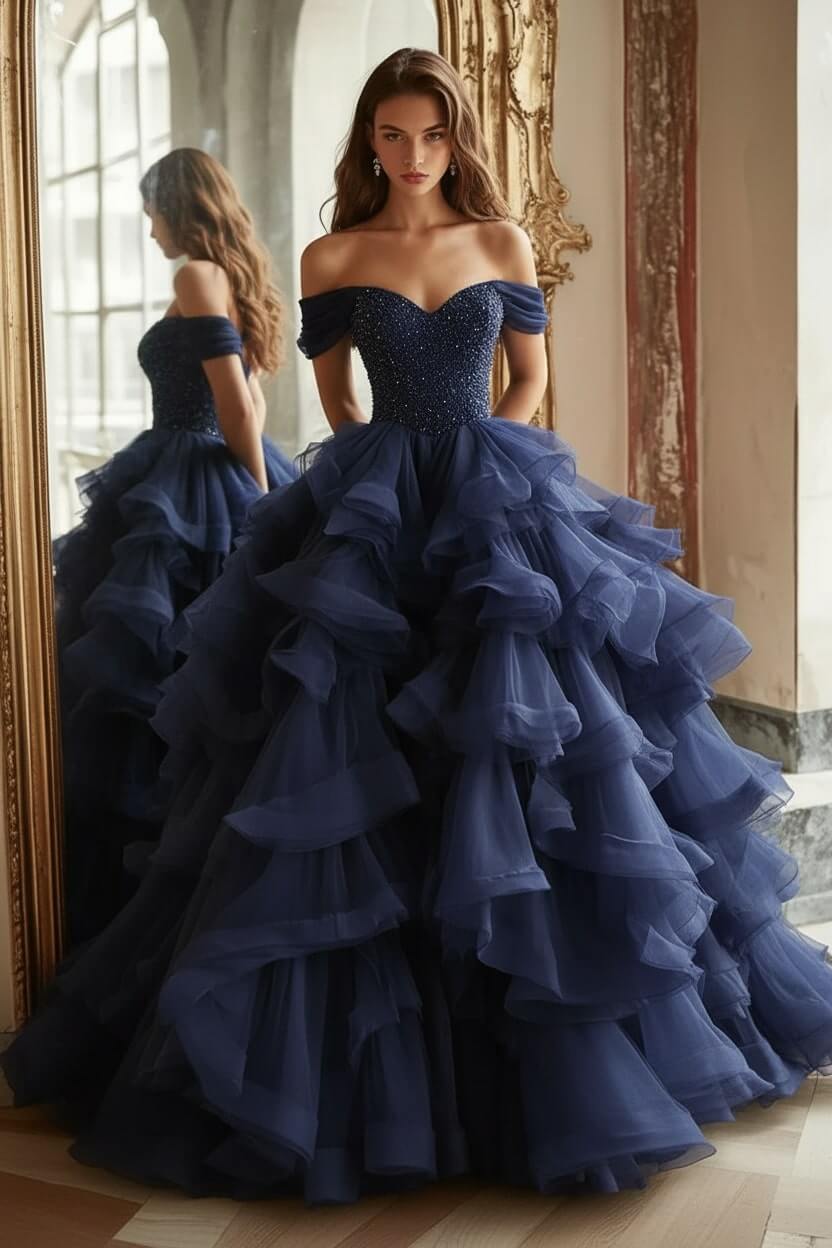 Pink Tiered Prom Dress Off the Shoulder A Line Formal Dress