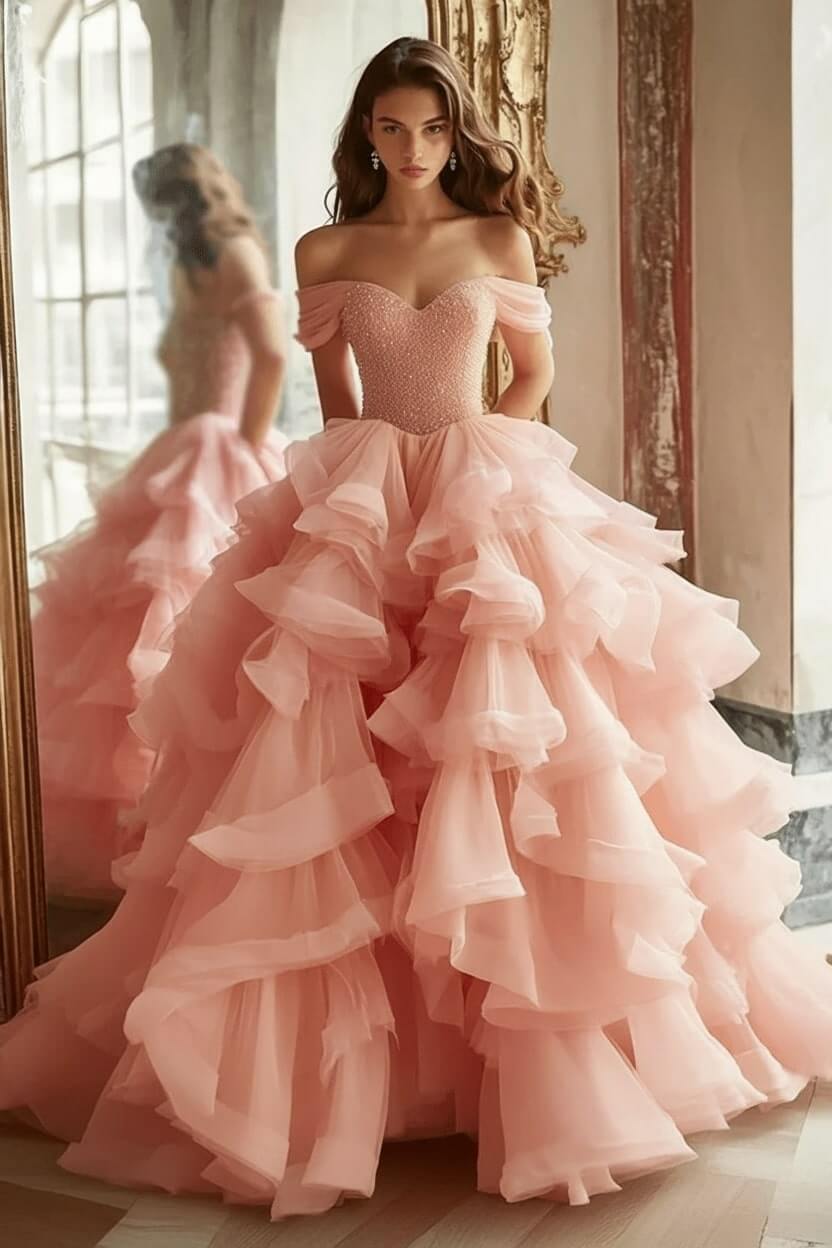 Pink Tiered Prom Dress Off the Shoulder A Line Formal Dress