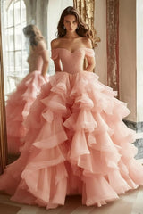 Pink Tiered Prom Dress Off the Shoulder A Line Formal Dress