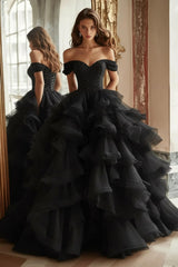 Pink Tiered Prom Dress Off the Shoulder A Line Formal Dress