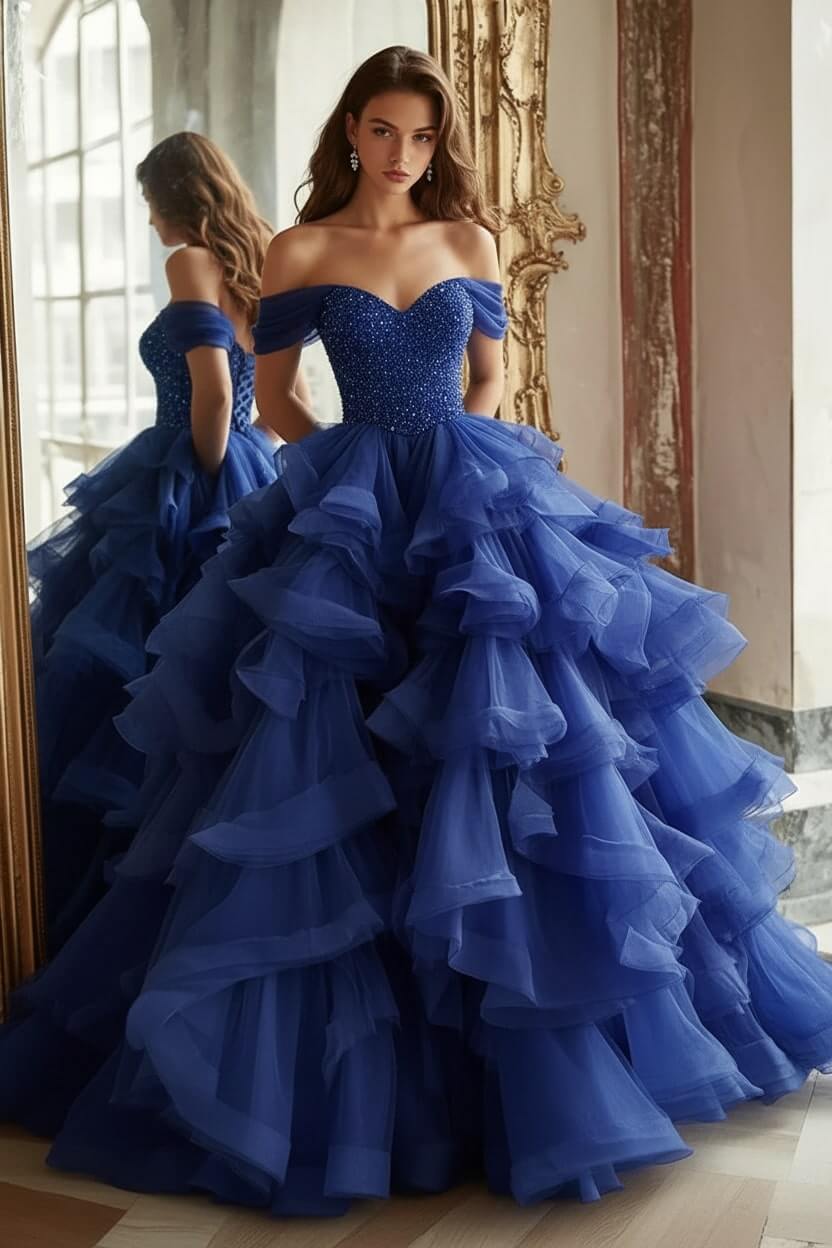 Pink Tiered Prom Dress Off the Shoulder A Line Formal Dress