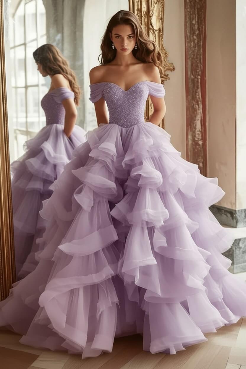 Pink Tiered Prom Dress Off the Shoulder A Line Formal Dress