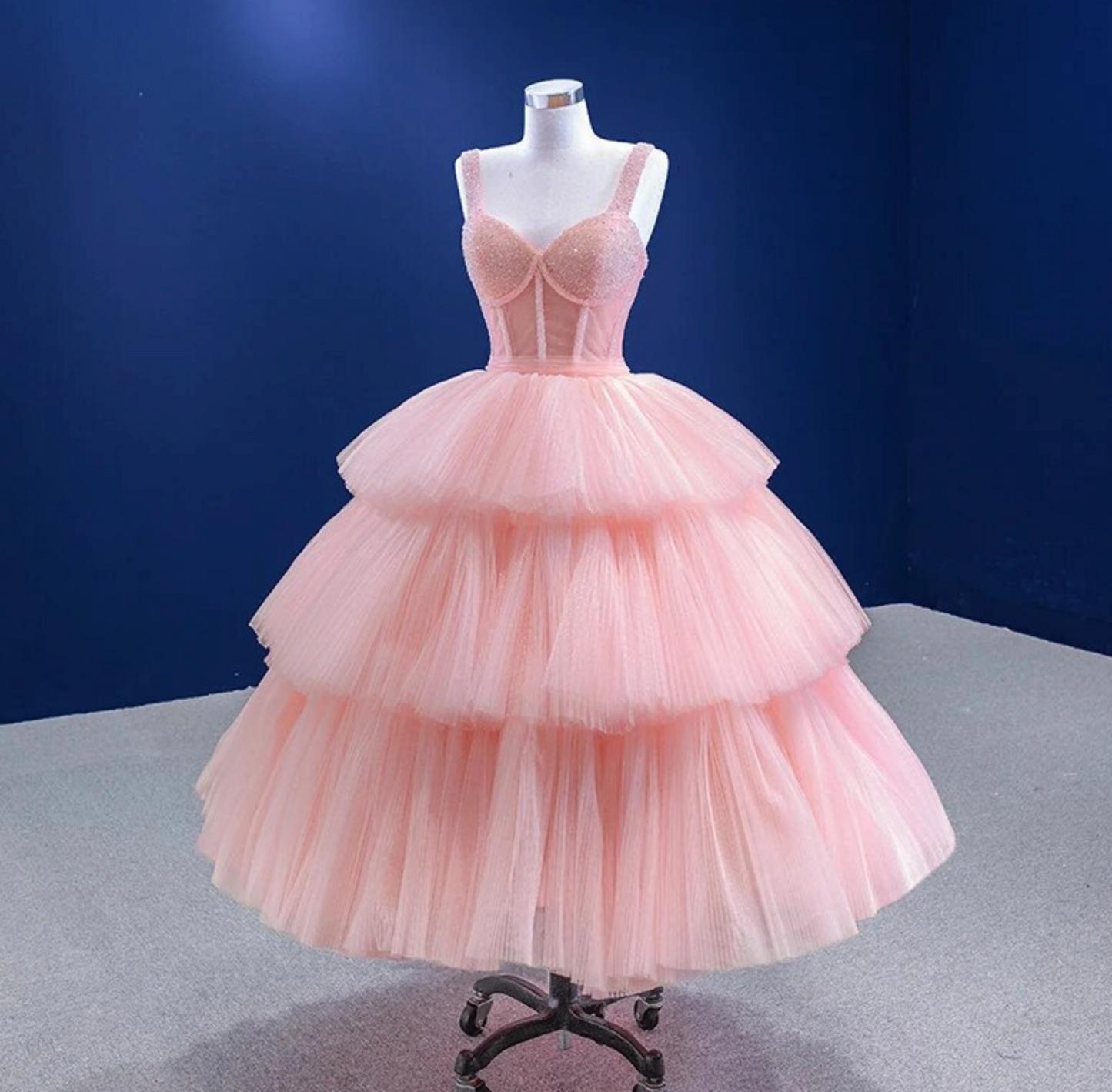 Pink Tiered Prom Dress Quinceanera Dress Party Evening Dress