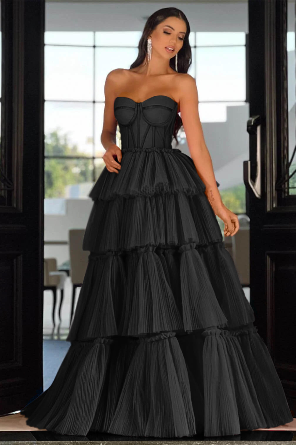 Pink Tiered Prom Dress Sleeveless Sweetheart Evening Dress