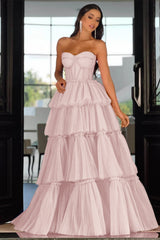Pink Tiered Prom Dress Sleeveless Sweetheart Evening Dress