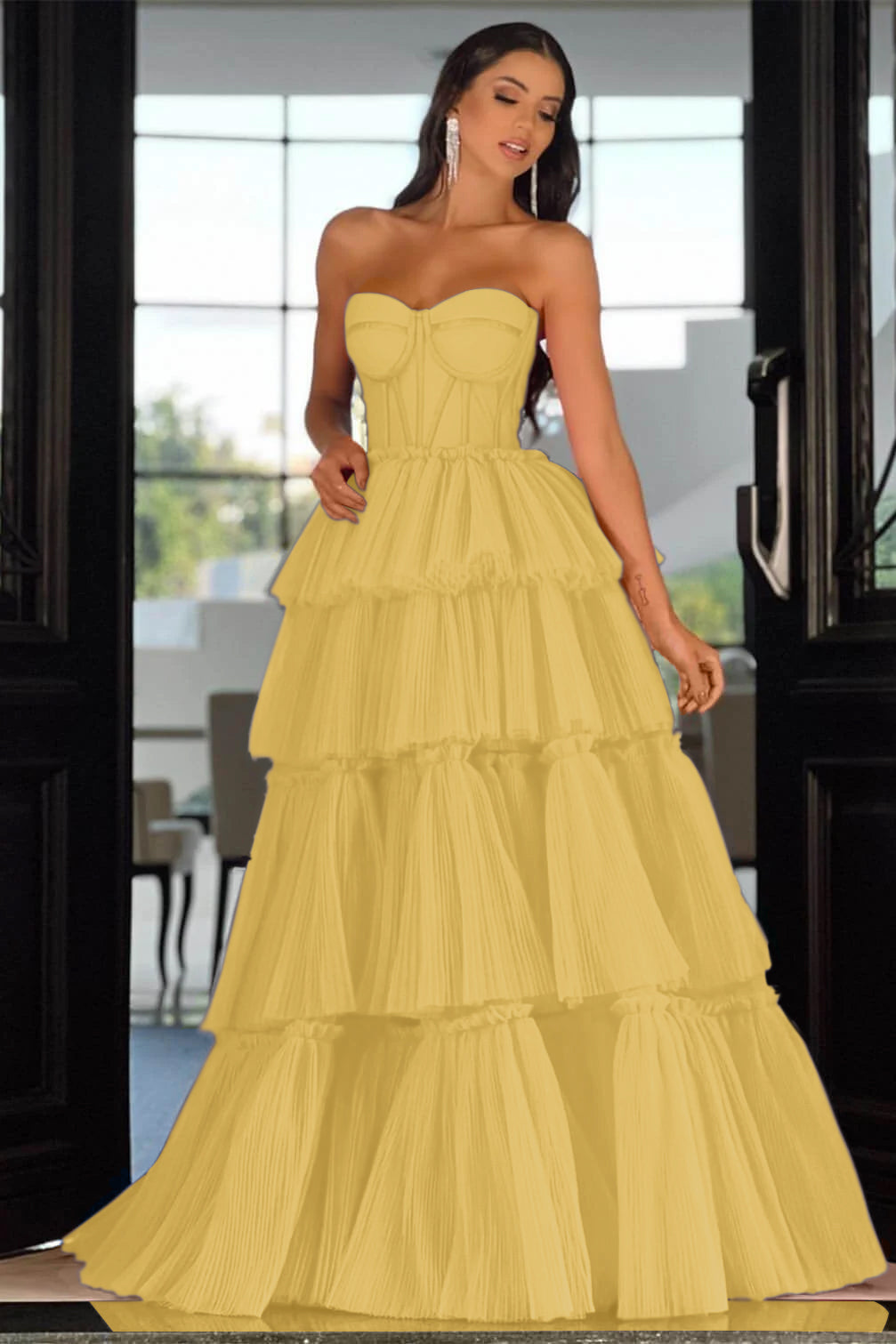 Pink Tiered Prom Dress Sleeveless Sweetheart Evening Dress