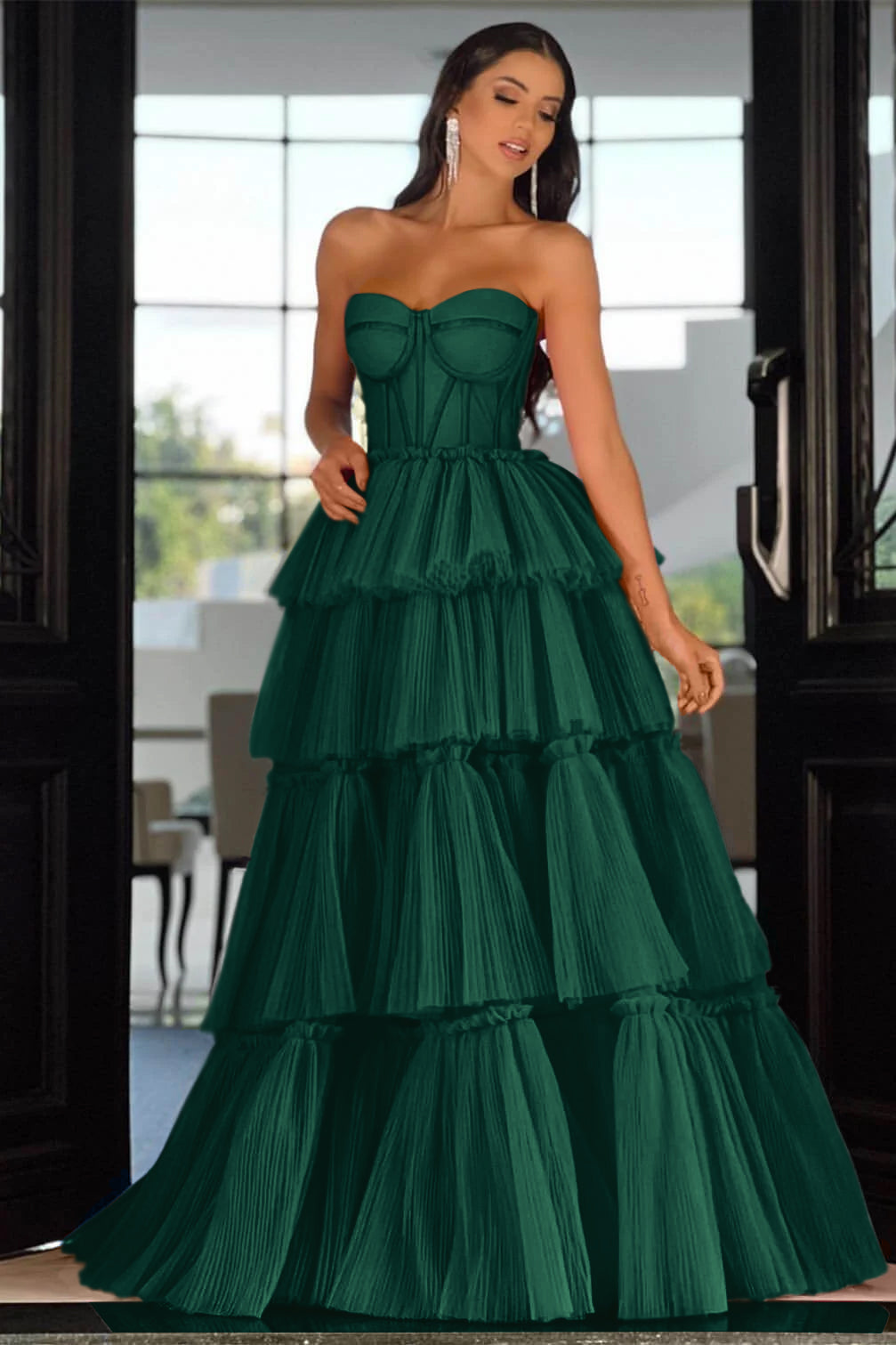 Pink Tiered Prom Dress Sleeveless Sweetheart Evening Dress