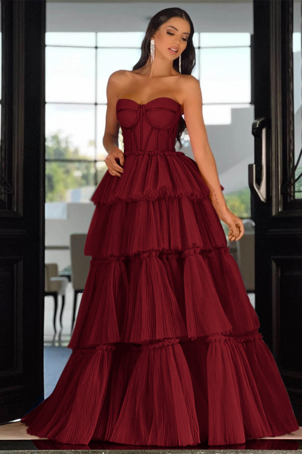 Pink Tiered Prom Dress Sleeveless Sweetheart Evening Dress