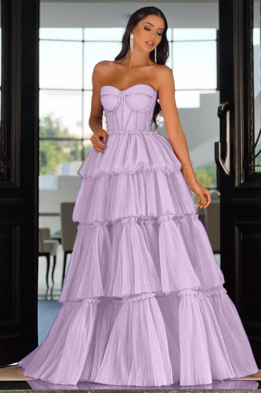 Pink Tiered Prom Dress Sleeveless Sweetheart Evening Dress