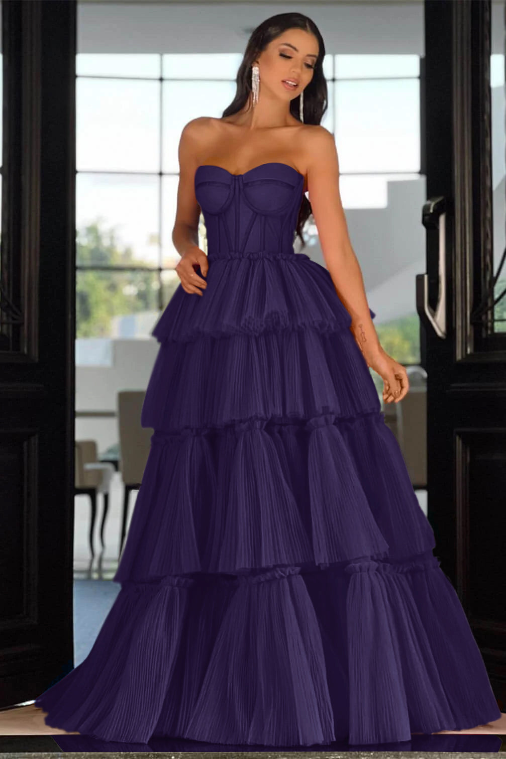 Pink Tiered Prom Dress Sleeveless Sweetheart Evening Dress