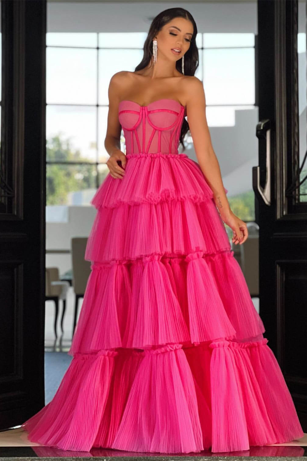 Pink Tiered Prom Dress Sleeveless Sweetheart Evening Dress