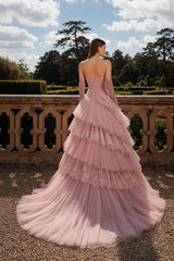Pink Tulle A Line Prom Dress with Tiered Ruffles and Lace Trim