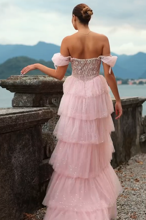 Pink Tulle A Line Prom Dress with Tiered Skirt and Off Shoulder