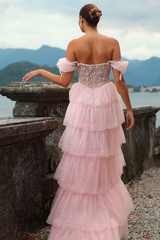 Pink Tulle A Line Prom Dress with Tiered Skirt and Off Shoulder