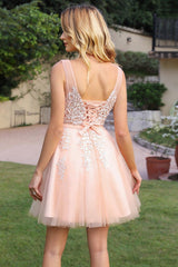Pink Tulle Graduation Dress A Line Sleeveless Short Prom Dress with Appliques