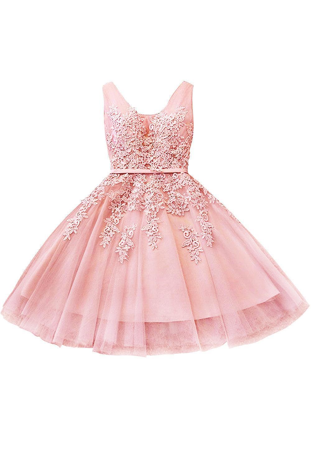 Pink Tulle Graduation Dress A Line Sleeveless Short Prom Dress with Appliques