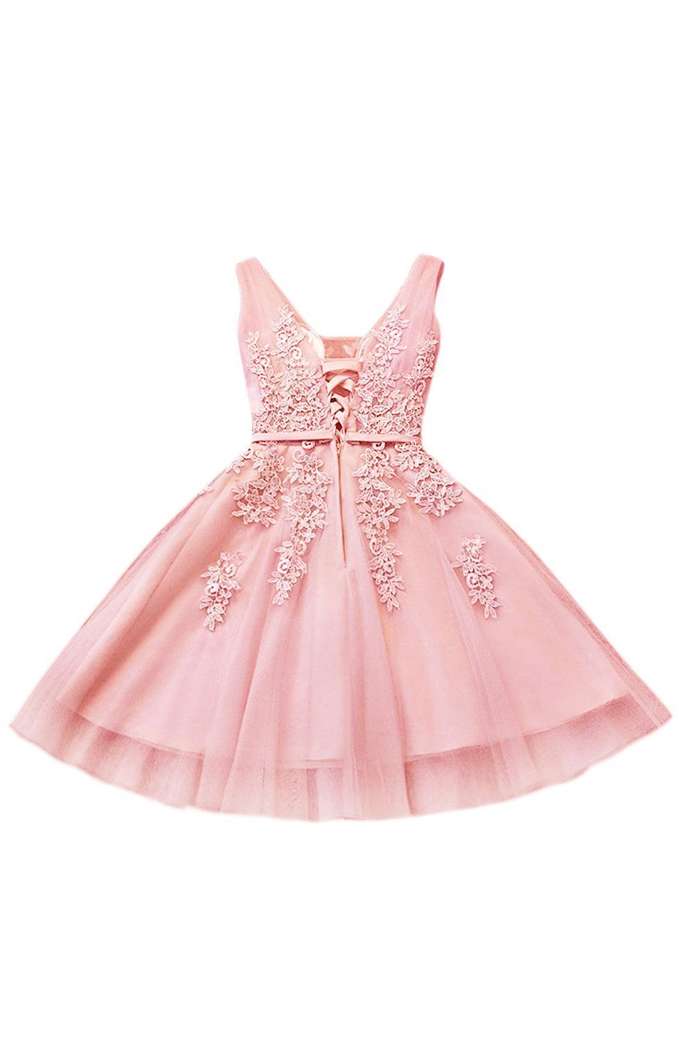 Pink Tulle Graduation Dress A Line Sleeveless Short Prom Dress with Appliques