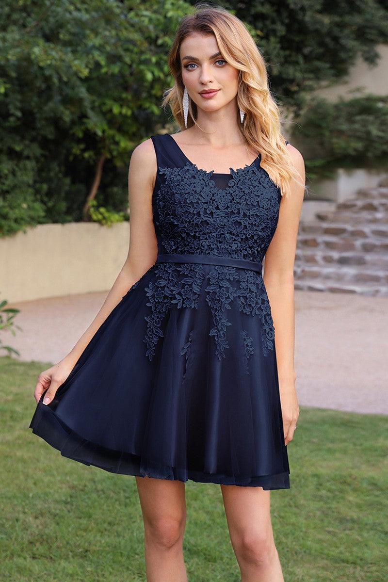 Pink Tulle Graduation Dress A Line Sleeveless Short Prom Dress with Appliques