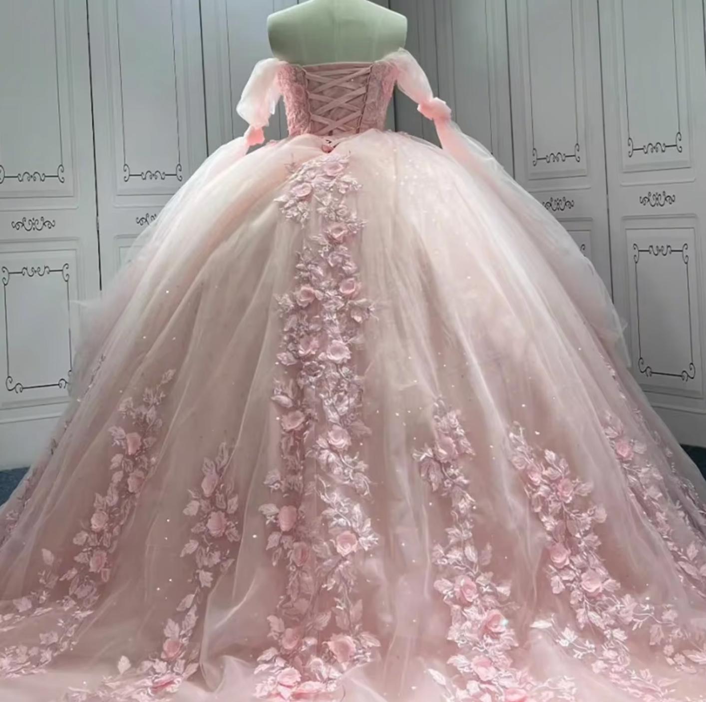Pink Tulle Off The Shoulder Quinceanera Dress Ball Gown Sweet 16 Dress
