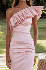 Pink Wedding Guest Dress Satin One Shoulder Ruffled Long Mermaid Evening Dress
