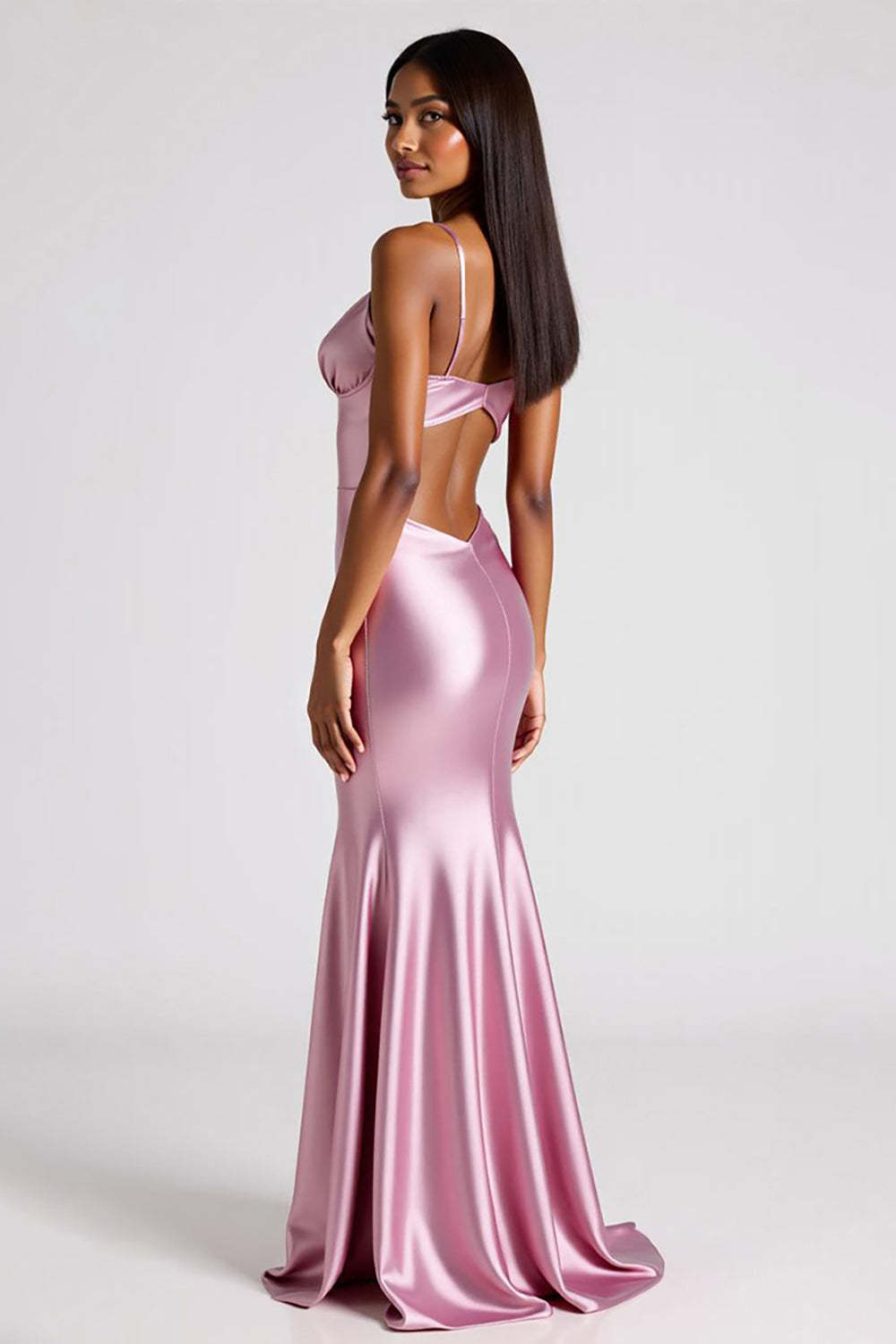 Pink Wedding Guest Dress Satin Spaghetti Straps Long Mermaid Evening Dress