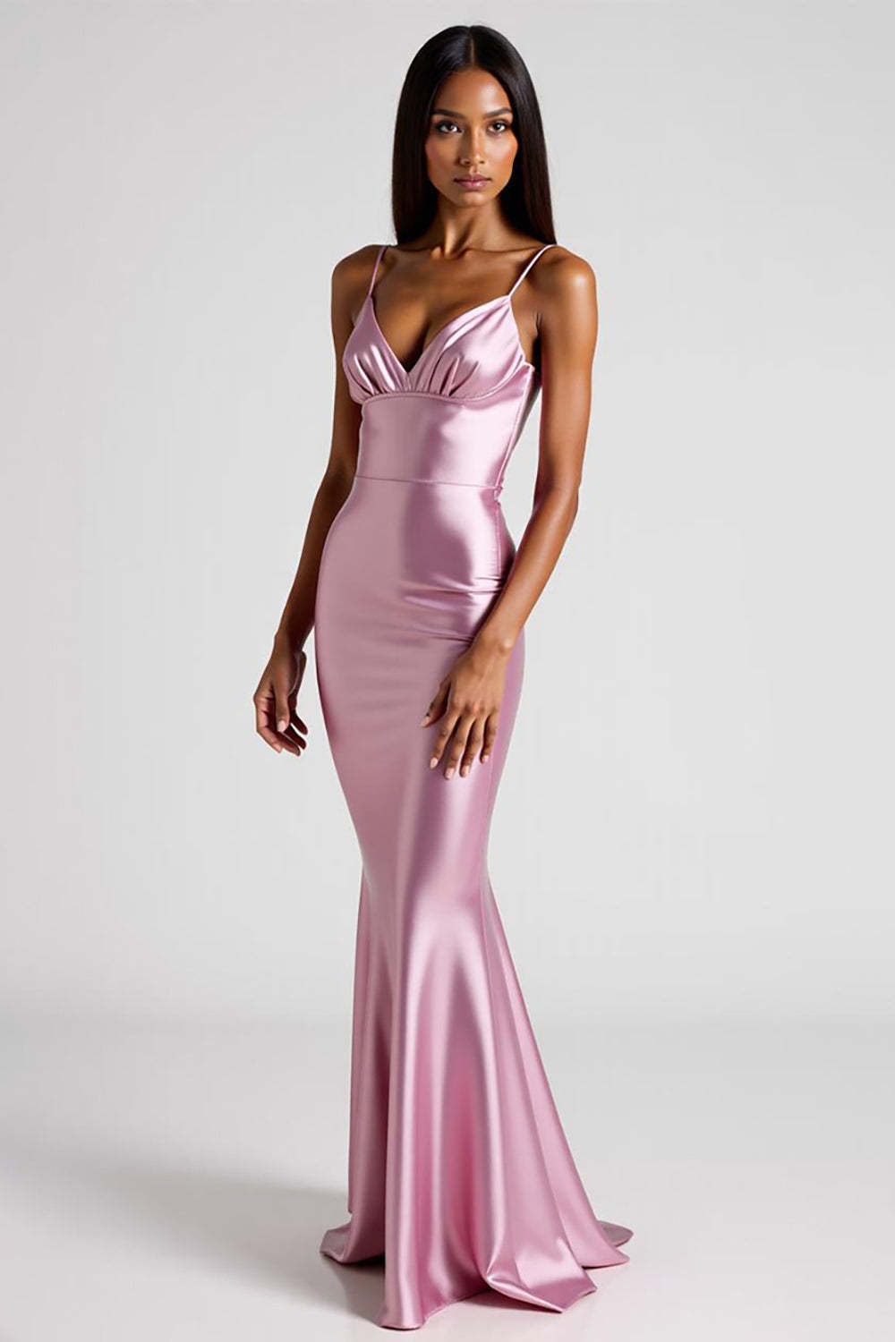 Pink Wedding Guest Dress Satin Spaghetti Straps Long Mermaid Evening Dress