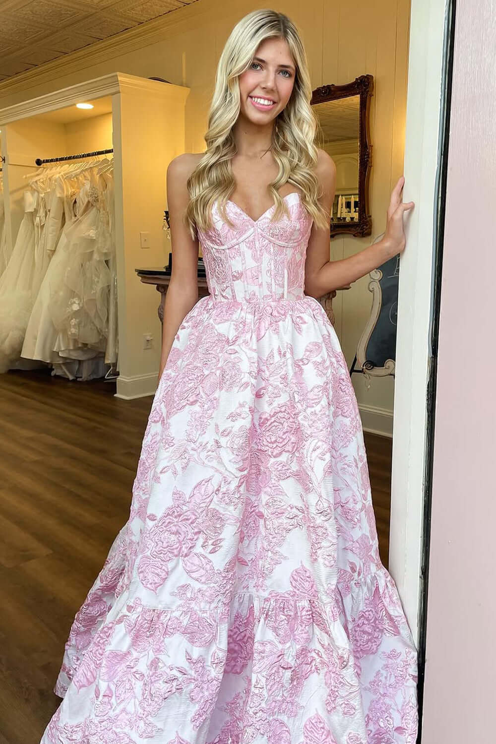 A-Line Blue Sweetheart Floral Corset Long Prom Dress