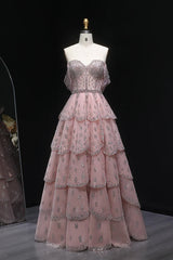 Dreamyannie Pink Off The Shoulder Prom Dress A Line Tiered Beaded Formal Dress