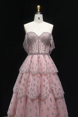 Dreamyannie Pink Off The Shoulder Prom Dress A Line Tiered Beaded Formal Dress