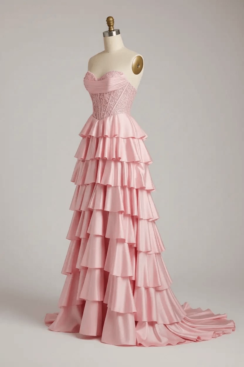 Pink Sweetheart Neck Prom Dress Satin Lace A Line Tiered Formal Evening Dress