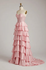 Pink Sweetheart Neck Prom Dress Satin Lace A Line Tiered Formal Evening Dress