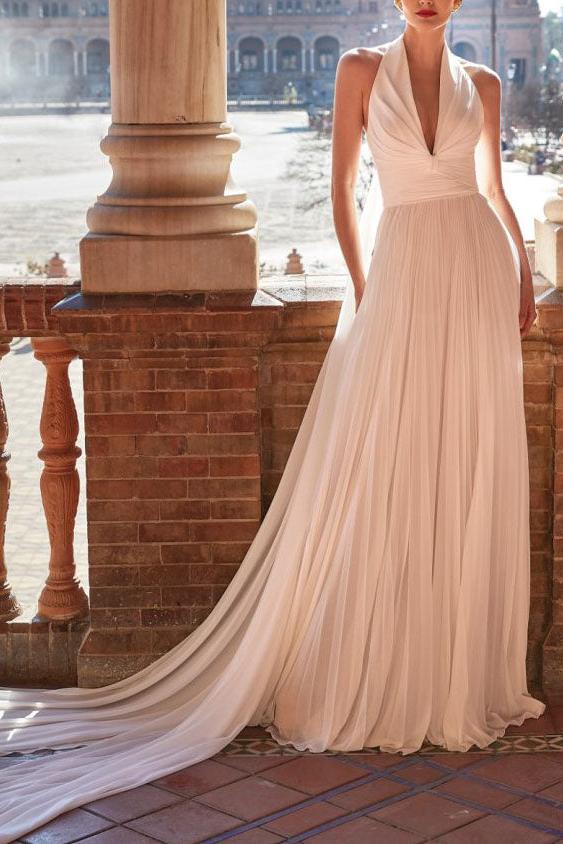 Plunge A-Line Chiffon Pleated Beach Wedding Dresses