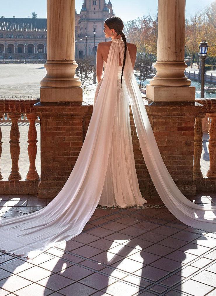 Plunge A-Line Chiffon Pleated Beach Wedding Dresses