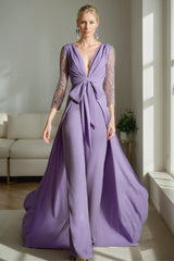 Plunge V-Neck A-Line Princess Jumpsuit for the Mother of the Bride with Ruched Embroidered Tulle Sleeves & Bow