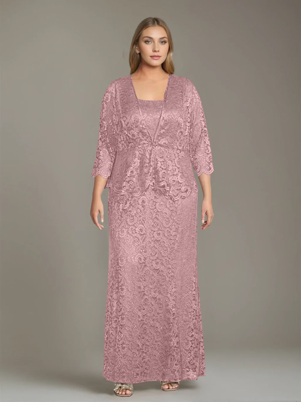Plus Size 2-Piece Mother of the Bride Dress Set with Square Neck and Floor-Length Sheath