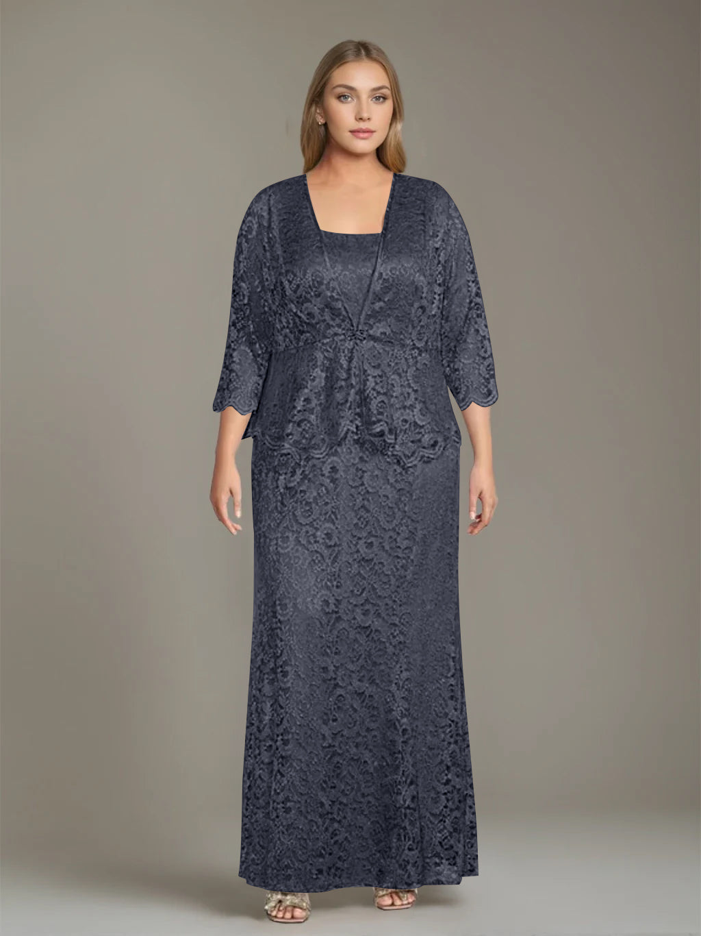 Plus Size 2-Piece Mother of the Bride Dress Set with Square Neck and Floor-Length Sheath