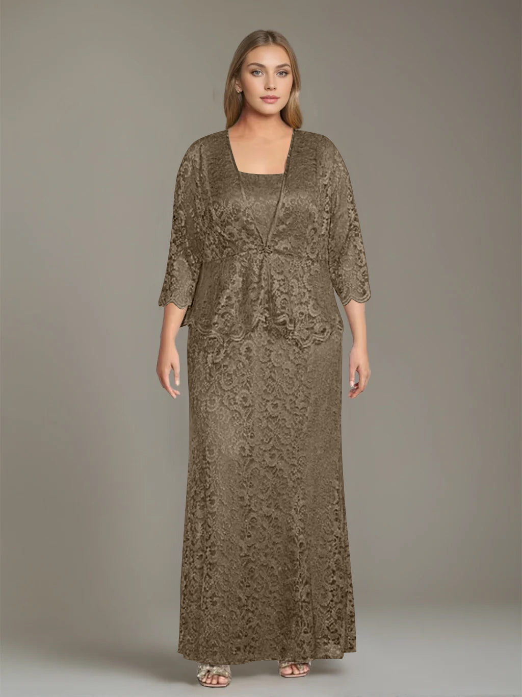 Plus Size 2-Piece Mother of the Bride Dress Set with Square Neck and Floor-Length Sheath