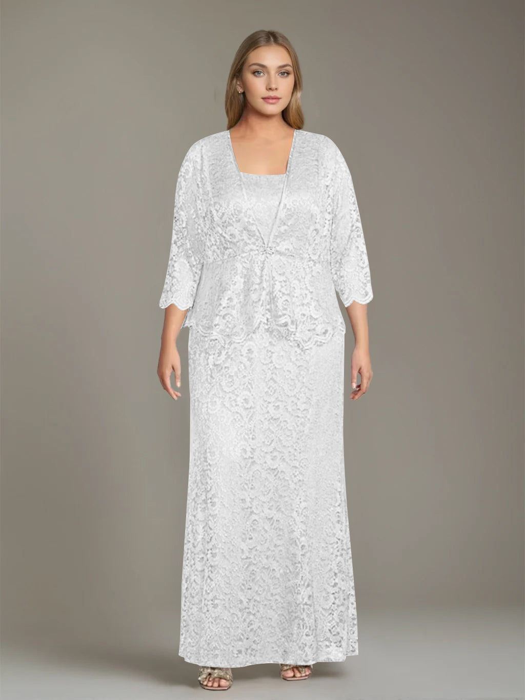 Plus Size 2-Piece Mother of the Bride Dress Set with Square Neck and Floor-Length Sheath