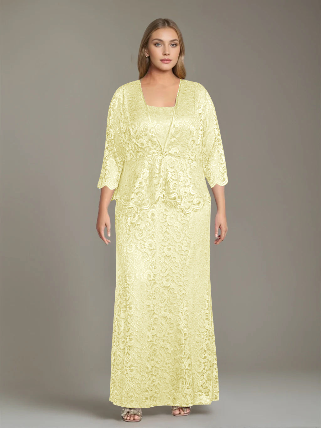 Plus Size 2-Piece Mother of the Bride Dress Set with Square Neck and Floor-Length Sheath