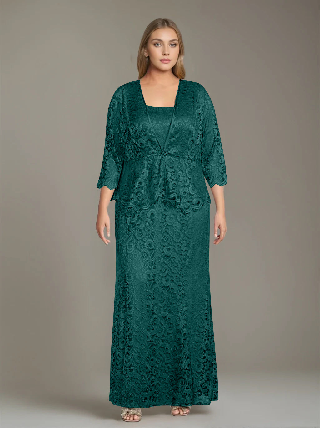 Plus Size 2-Piece Mother of the Bride Dress Set with Square Neck and Floor-Length Sheath