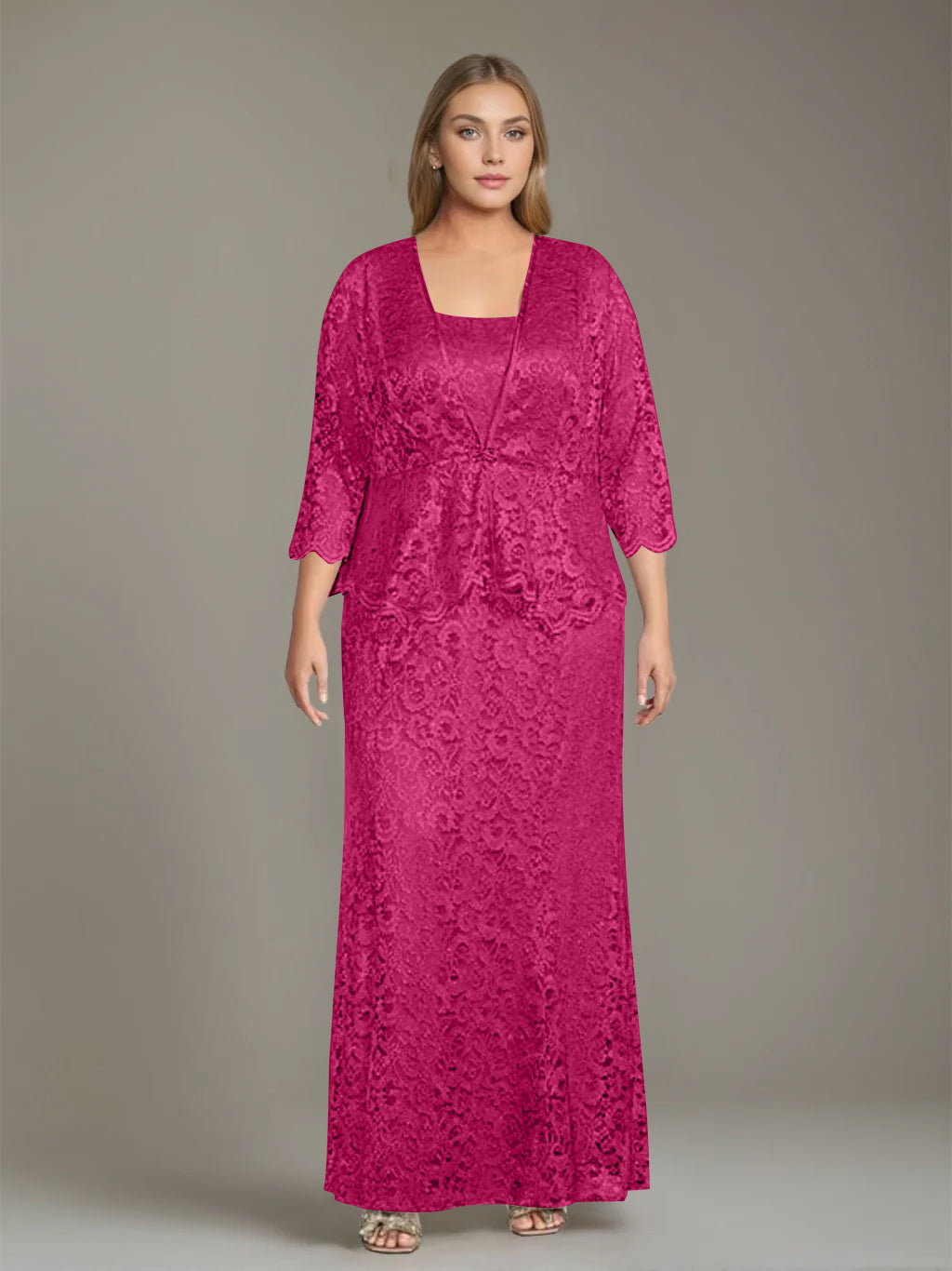 Plus Size 2-Piece Mother of the Bride Dress Set with Square Neck and Floor-Length Sheath